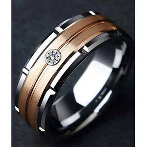 🆕7mm Mens CZ Rose Gold & Stainless Steel Comfort Fit Wedding Band 9,10, 11, 13